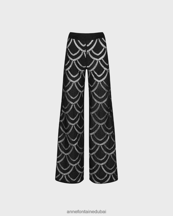 ملابس عبد اللطيف Anne Fontaine نحيف بنطلون باغوماري من القطن مفتوح العمل ومطرز واسع الساق أسود T622DL338