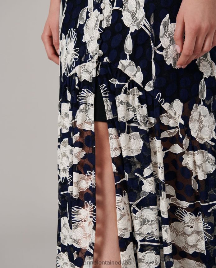 ملابس عبد اللطيف Anne Fontaine نحيف تنورة شاما وتنورة دانتيل زهرية مع فتحة ابيض ازرق T622DL342