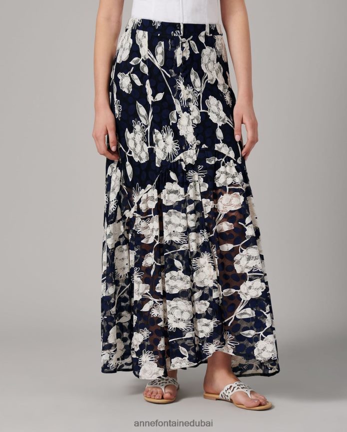 ملابس عبد اللطيف Anne Fontaine نحيف تنورة شاما وتنورة دانتيل زهرية مع فتحة ابيض ازرق T622DL342