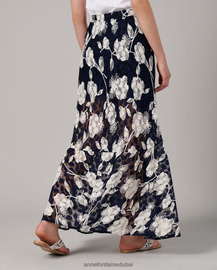 ملابس عبد اللطيف Anne Fontaine نحيف تنورة شاما وتنورة دانتيل زهرية مع فتحة ابيض ازرق T622DL342