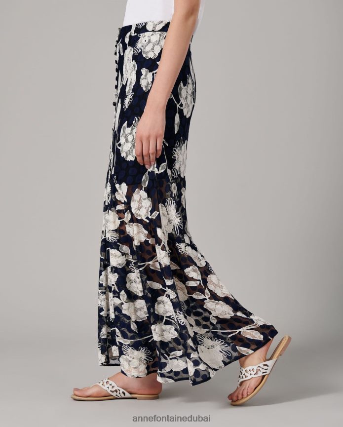 ملابس عبد اللطيف Anne Fontaine نحيف تنورة شاما وتنورة دانتيل زهرية مع فتحة ابيض ازرق T622DL342