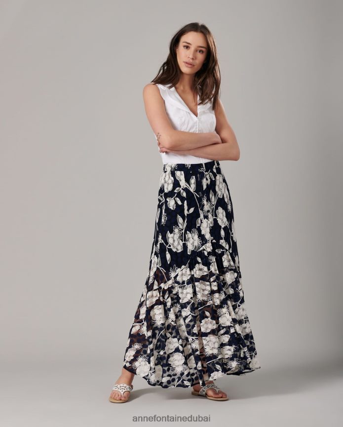 ملابس عبد اللطيف Anne Fontaine نحيف تنورة شاما وتنورة دانتيل زهرية مع فتحة ابيض ازرق T622DL342