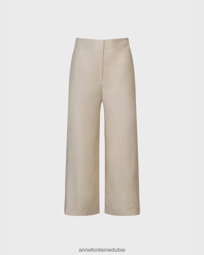 ملابس عبد اللطيف Anne Fontaine نحيف بنطلون إيناكي واسع الساق من الكتان بني T622DL344