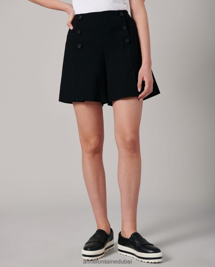ملابس عبد اللطيف Anne Fontaine نحيف شورت لين قصير مستوحى من الطراز العسكري مع أزرار زخرفية أسود T622DL346