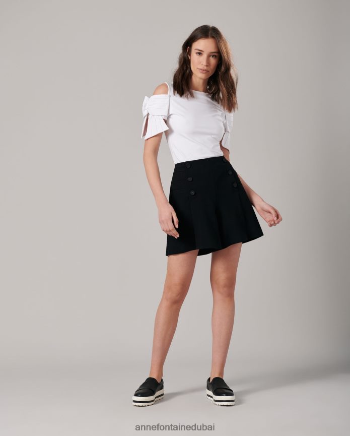 ملابس عبد اللطيف Anne Fontaine نحيف شورت لين قصير مستوحى من الطراز العسكري مع أزرار زخرفية أسود T622DL346