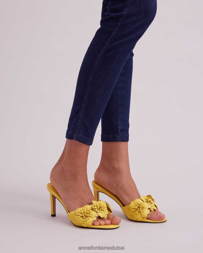 أحذية عبد اللطيف Anne Fontaine نحيف صندل جلدي بكعب البابونج مع زهور ثلاثية الأبعاد الميموزا الصفراء T622DL34