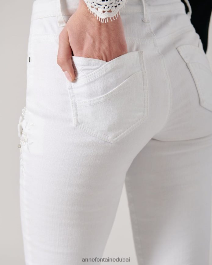 ملابس عبد اللطيف Anne Fontaine نحيف جينز فالا دينيم جينز مطاطي مع زهور مطرزة ومرصعة بالجواهر أبيض T622DL351