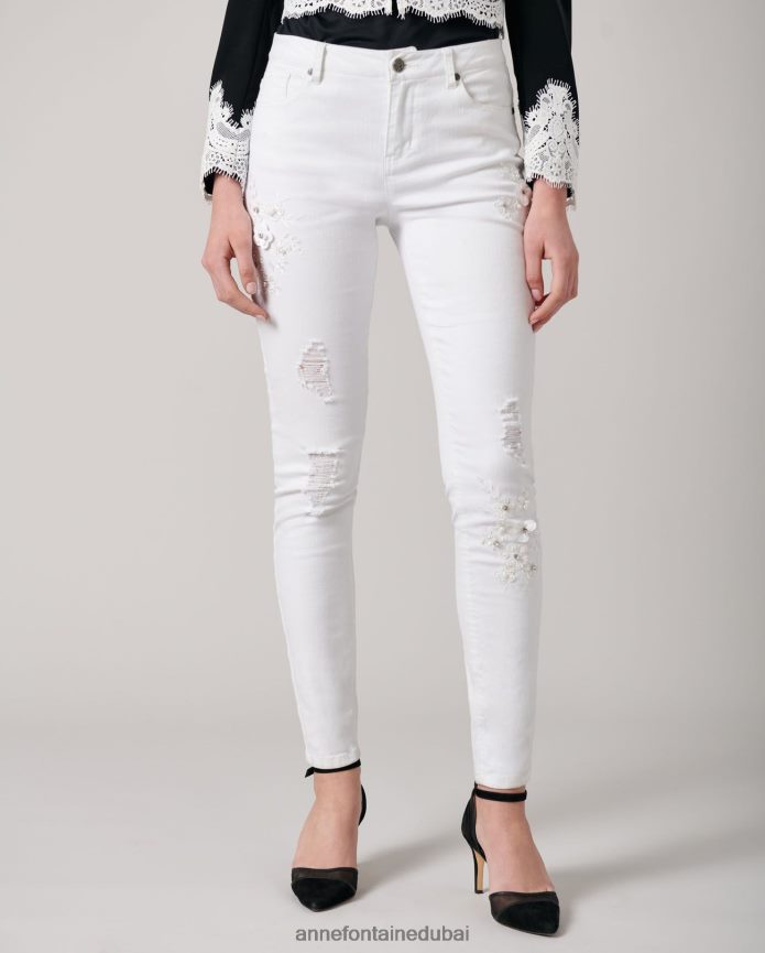 ملابس عبد اللطيف Anne Fontaine نحيف جينز فالا دينيم جينز مطاطي مع زهور مطرزة ومرصعة بالجواهر أبيض T622DL351