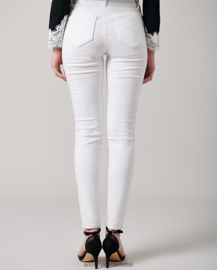 ملابس عبد اللطيف Anne Fontaine نحيف جينز فالا دينيم جينز مطاطي مع زهور مطرزة ومرصعة بالجواهر أبيض T622DL351
