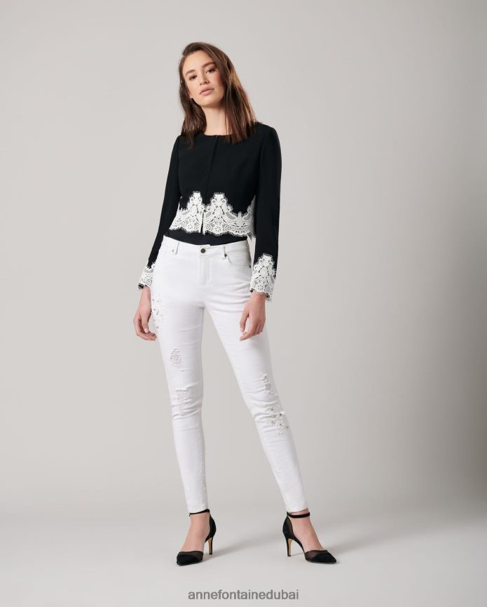 ملابس عبد اللطيف Anne Fontaine نحيف جينز فالا دينيم جينز مطاطي مع زهور مطرزة ومرصعة بالجواهر أبيض T622DL351
