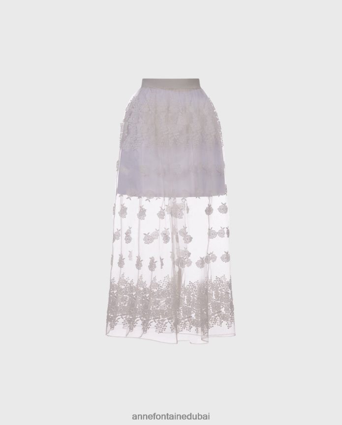 ملابس عبد اللطيف Anne Fontaine نحيف تنورة كليدي، تنورة من التول تلامس الأرض مع زهور مطرزة أبيض T622DL354