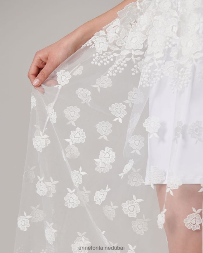 ملابس عبد اللطيف Anne Fontaine نحيف تنورة كليدي، تنورة من التول تلامس الأرض مع زهور مطرزة أبيض T622DL354