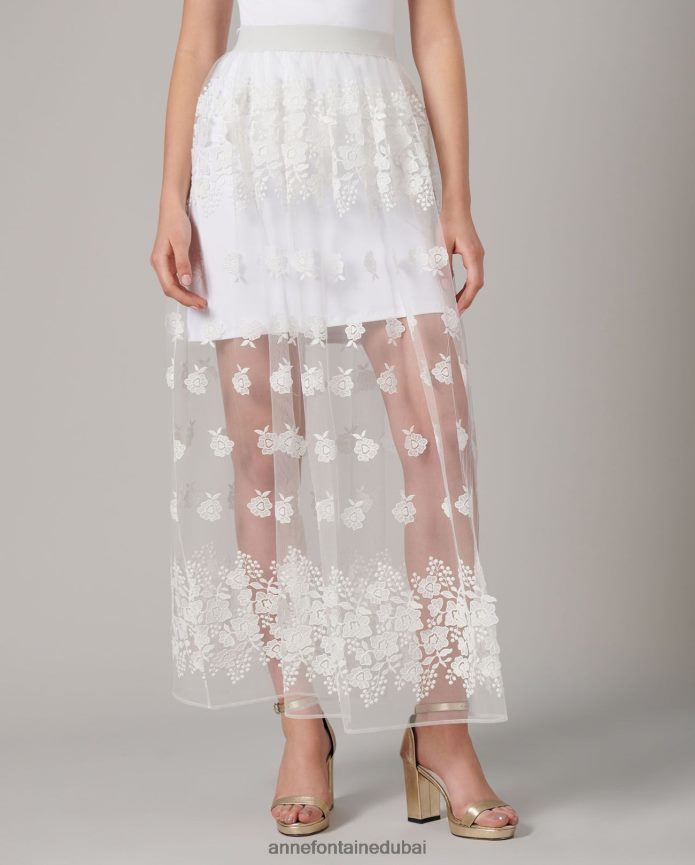 ملابس عبد اللطيف Anne Fontaine نحيف تنورة كليدي، تنورة من التول تلامس الأرض مع زهور مطرزة أبيض T622DL354