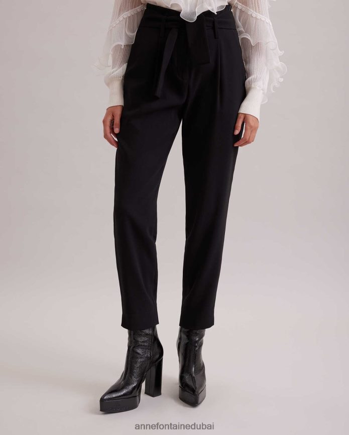 ملابس عبد اللطيف Anne Fontaine نحيف بنطال ليستر بطول الكاحل مع طيات أمامية وحزام قابل للإزالة أسود T622DL356