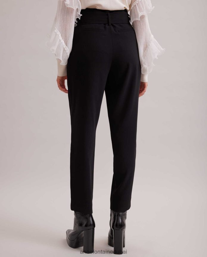 ملابس عبد اللطيف Anne Fontaine نحيف بنطال ليستر بطول الكاحل مع طيات أمامية وحزام قابل للإزالة أسود T622DL356