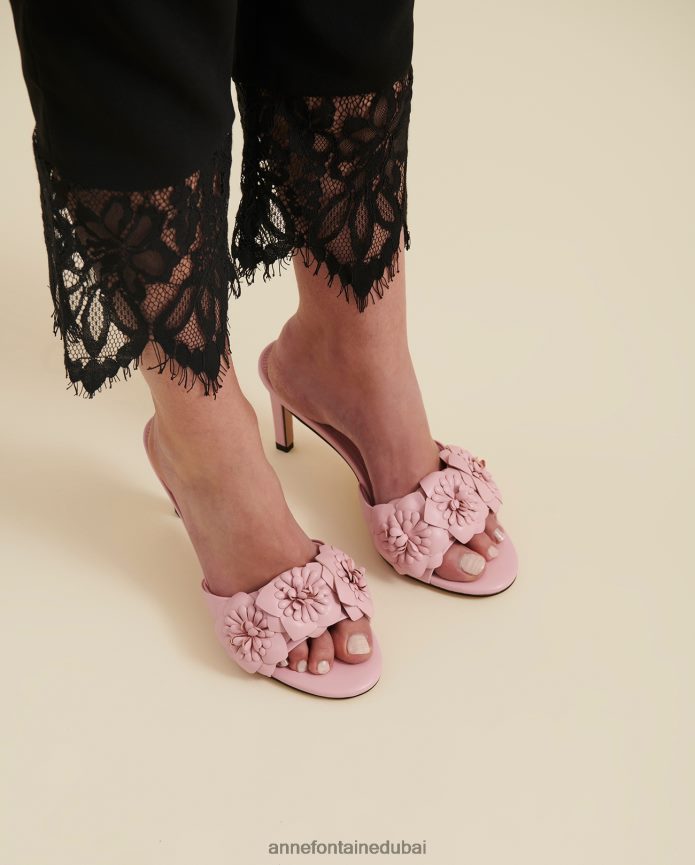 أحذية عبد اللطيف Anne Fontaine نحيف صندل جلدي بكعب البابونج مع زهور ثلاثية الأبعاد البتلة الوردية T622DL35