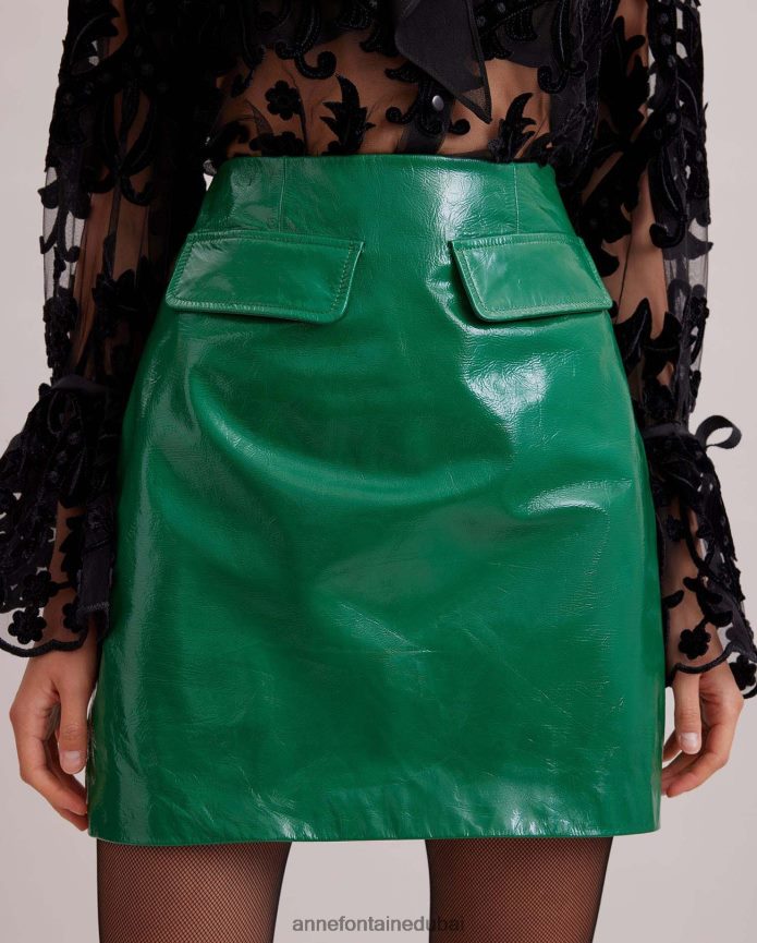 ملابس عبد اللطيف Anne Fontaine نحيف تنورة نسائية تنورة قصيرة من الجلد اللامع مع جيوب أمامية أخضر T622DL366