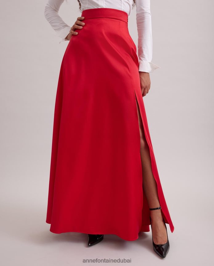 ملابس عبد اللطيف Anne Fontaine نحيف تنورة طويلة من الساتان من جويس مع فتحة عالية مفتوحة أحمر T622DL368