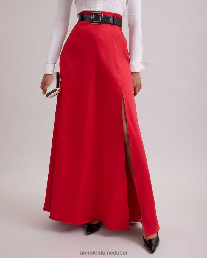 ملابس عبد اللطيف Anne Fontaine نحيف تنورة طويلة من الساتان من جويس مع فتحة عالية مفتوحة أحمر T622DL368
