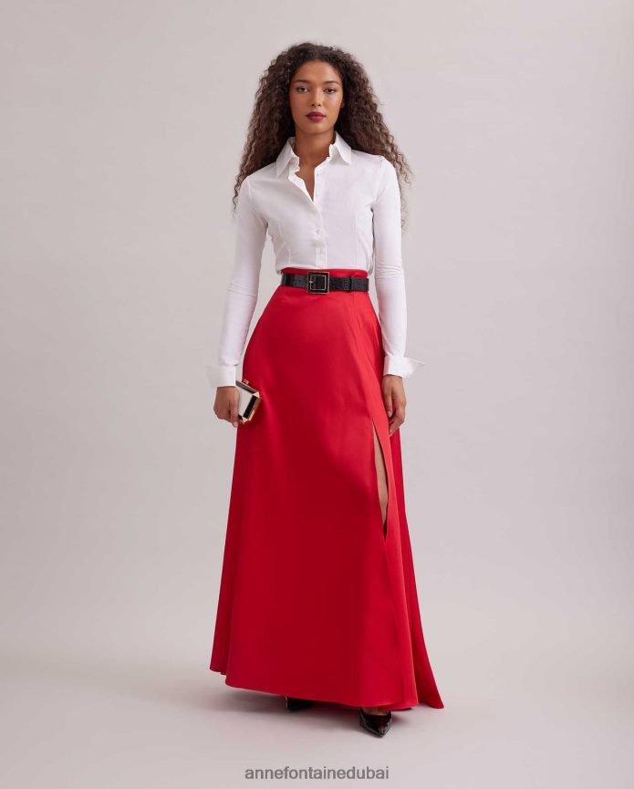 ملابس عبد اللطيف Anne Fontaine نحيف تنورة طويلة من الساتان من جويس مع فتحة عالية مفتوحة أحمر T622DL368
