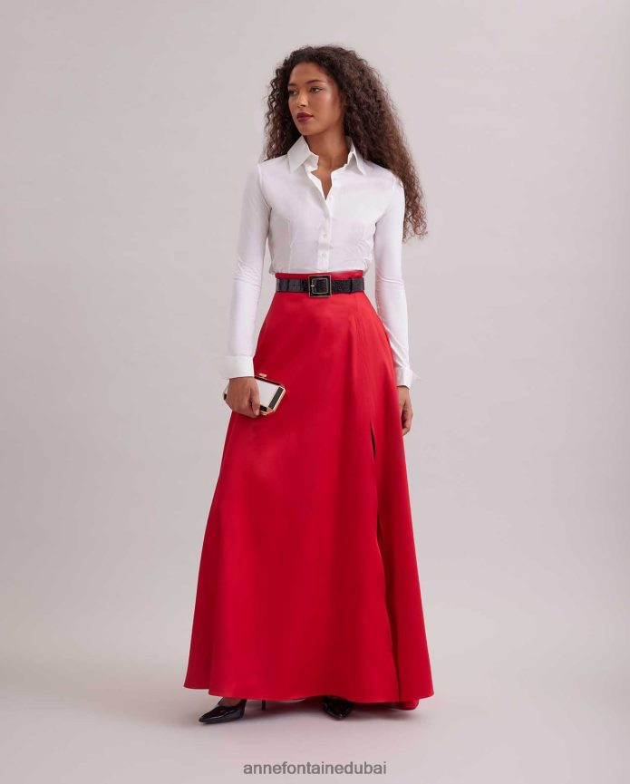 ملابس عبد اللطيف Anne Fontaine نحيف تنورة طويلة من الساتان من جويس مع فتحة عالية مفتوحة أحمر T622DL368