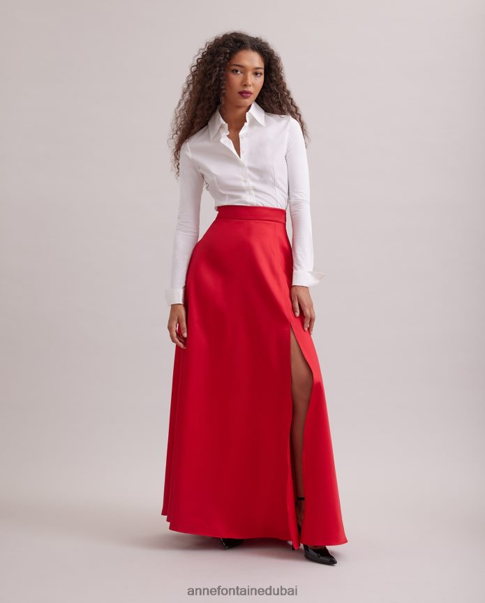 ملابس عبد اللطيف Anne Fontaine نحيف تنورة طويلة من الساتان من جويس مع فتحة عالية مفتوحة أحمر T622DL368