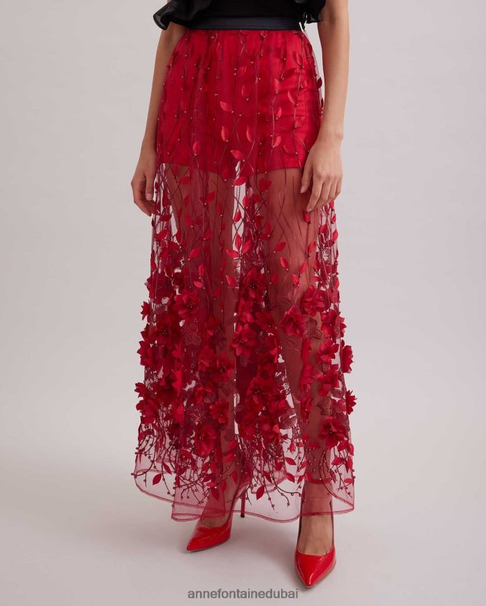 ملابس عبد اللطيف Anne Fontaine نحيف تنورة رملية تنورة طويلة شفافة مع زهور مطرزة وديكور التانغو الأحمر T622DL369