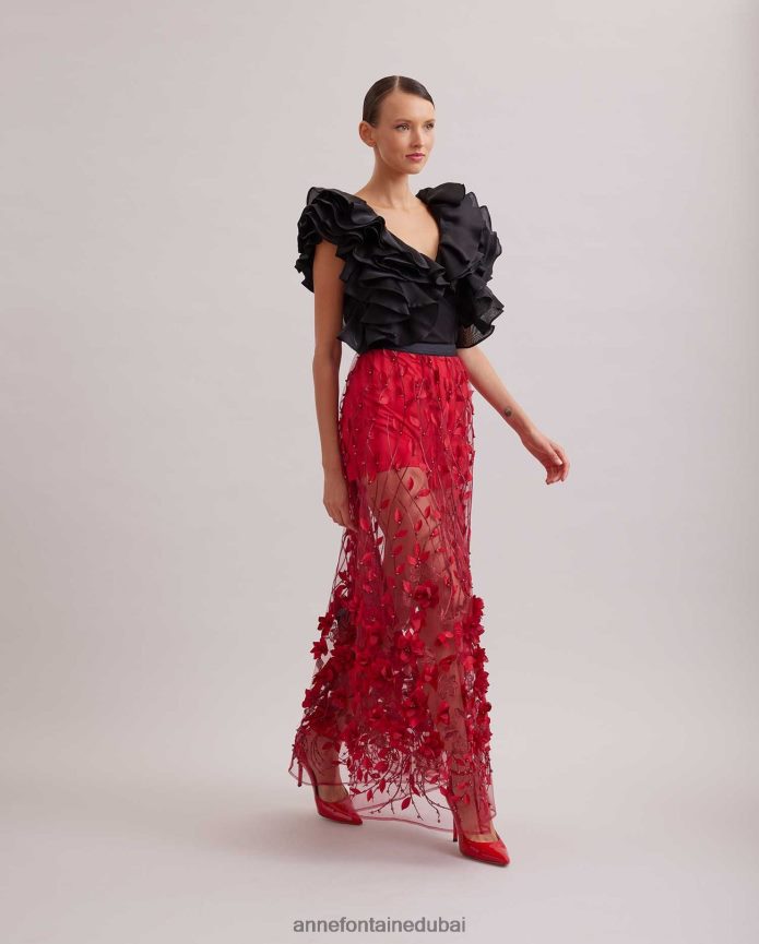 ملابس عبد اللطيف Anne Fontaine نحيف تنورة رملية تنورة طويلة شفافة مع زهور مطرزة وديكور التانغو الأحمر T622DL369