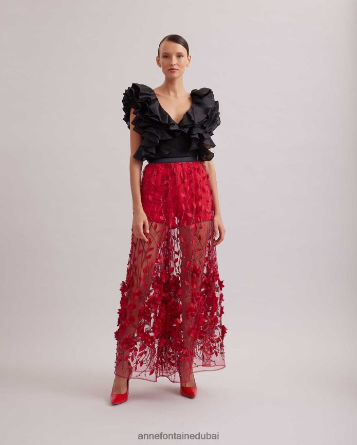 ملابس عبد اللطيف Anne Fontaine نحيف تنورة رملية تنورة طويلة شفافة مع زهور مطرزة وديكور التانغو الأحمر T622DL369