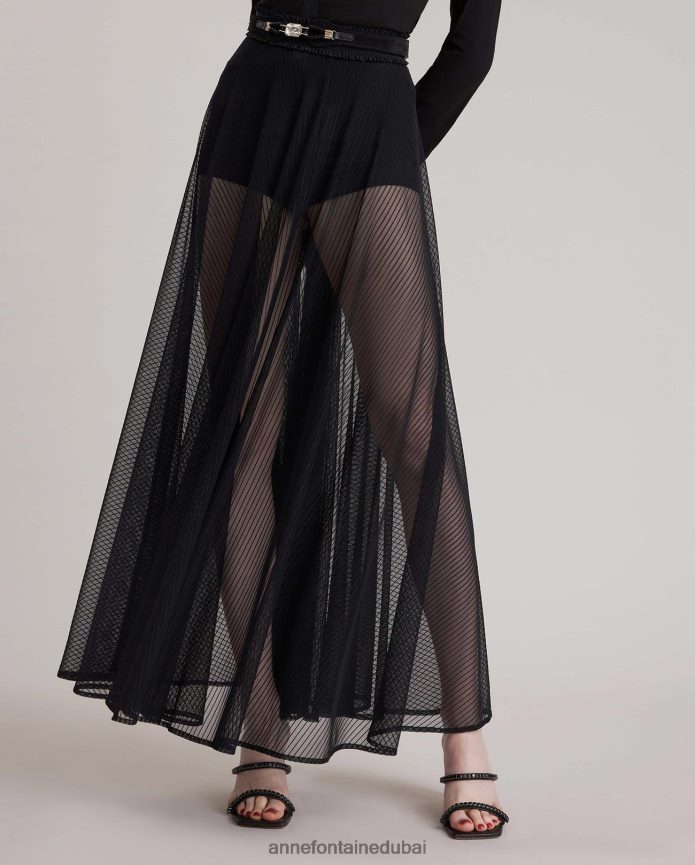 ملابس عبد اللطيف Anne Fontaine نحيف تنورة لوني طويلة شفافة على شكل دائرة مع حزام خصر مرن مكشكش أسود T622DL370
