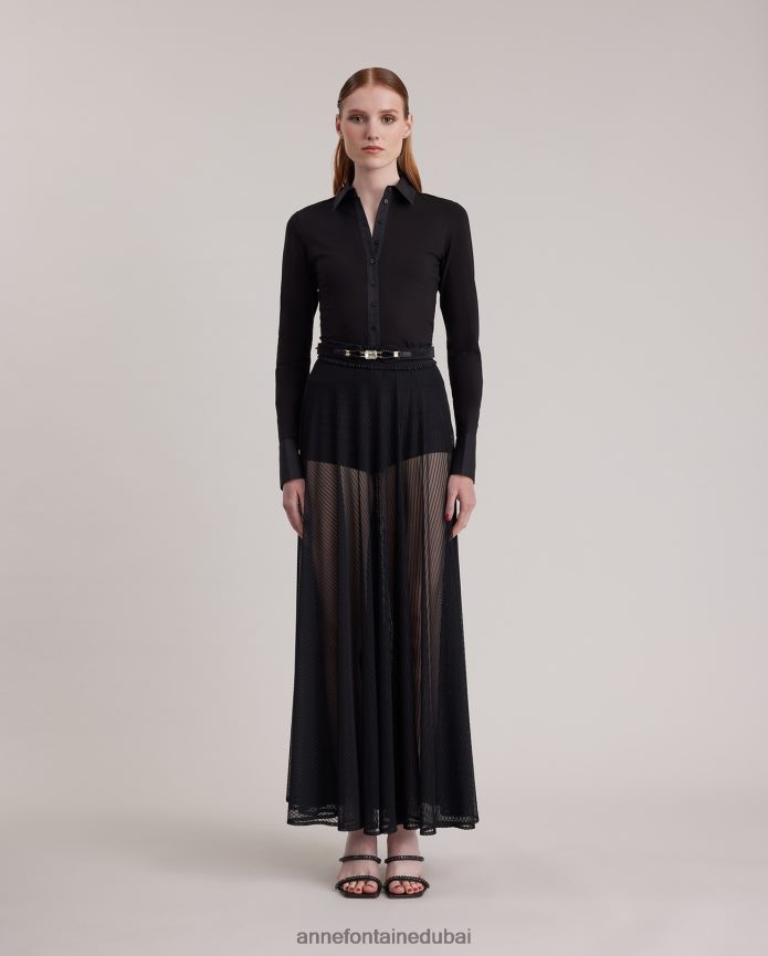ملابس عبد اللطيف Anne Fontaine نحيف تنورة لوني طويلة شفافة على شكل دائرة مع حزام خصر مرن مكشكش أسود T622DL370