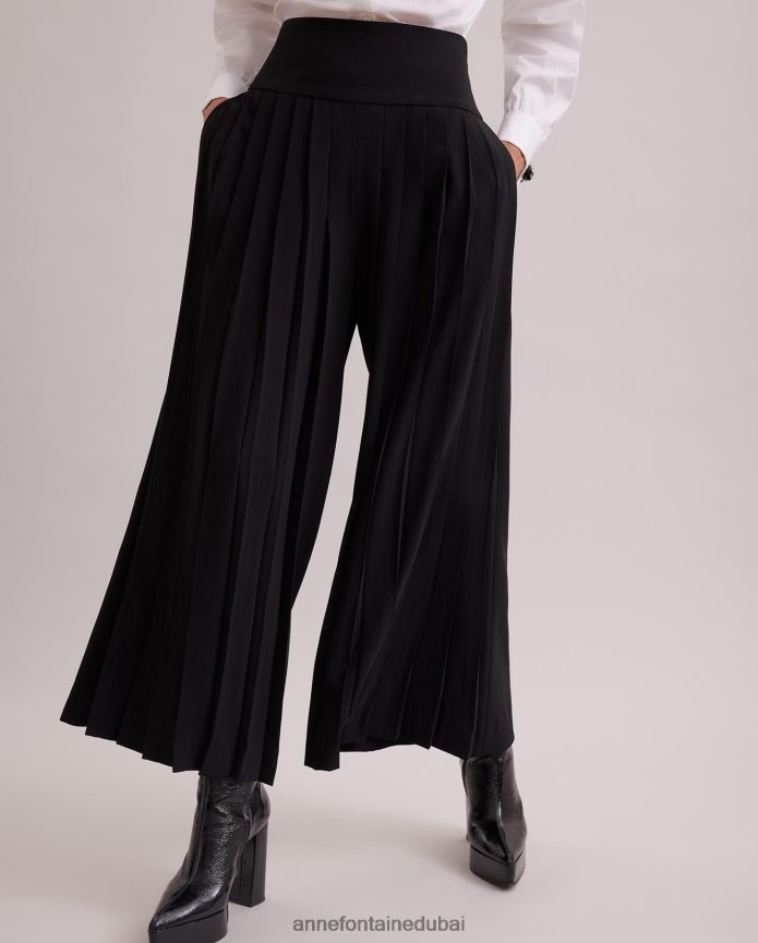 ملابس عبد اللطيف Anne Fontaine نحيف بنطلون طبعة مطوي بنطال واسع الساق مع حزام خصر عريض أسود T622DL371