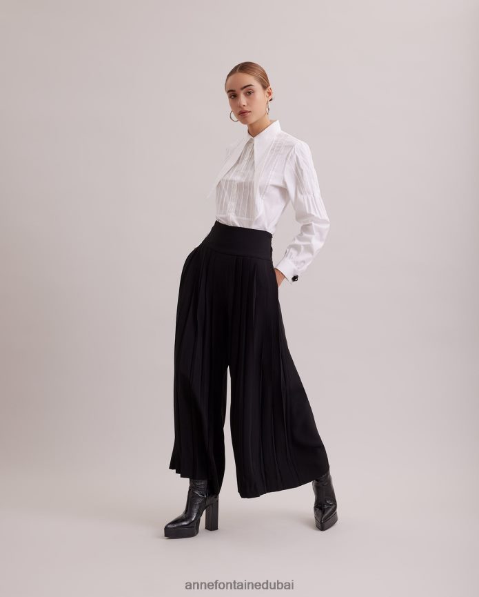 ملابس عبد اللطيف Anne Fontaine نحيف بنطلون طبعة مطوي بنطال واسع الساق مع حزام خصر عريض أسود T622DL371