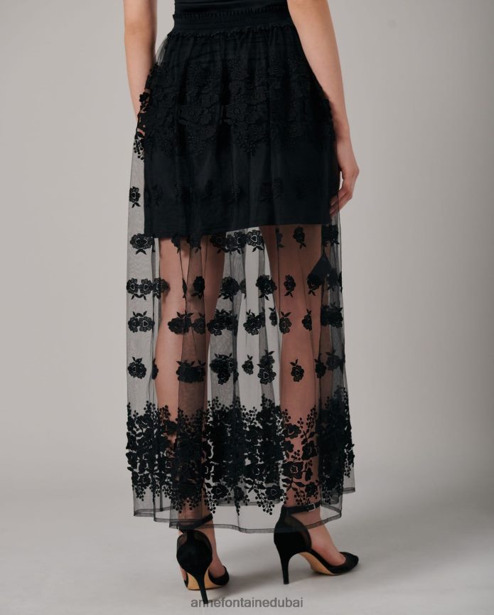 ملابس عبد اللطيف Anne Fontaine نحيف تنورة باراديس تنانير طويلة من التول مع زهور ثلاثية الأبعاد أسود T622DL372