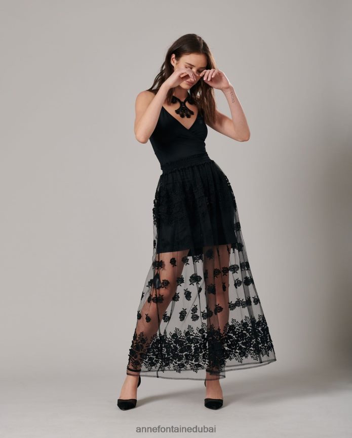 ملابس عبد اللطيف Anne Fontaine نحيف تنورة باراديس تنانير طويلة من التول مع زهور ثلاثية الأبعاد أسود T622DL372