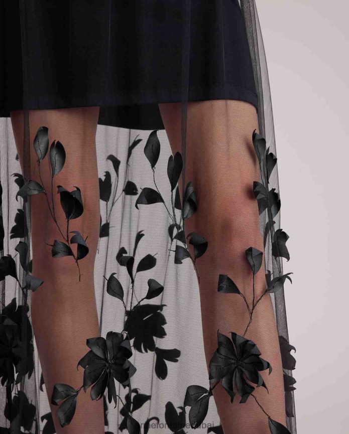 ملابس عبد اللطيف Anne Fontaine نحيف تنورة إنيد تنورة من التول مع زهور مطرزة أسود T622DL374