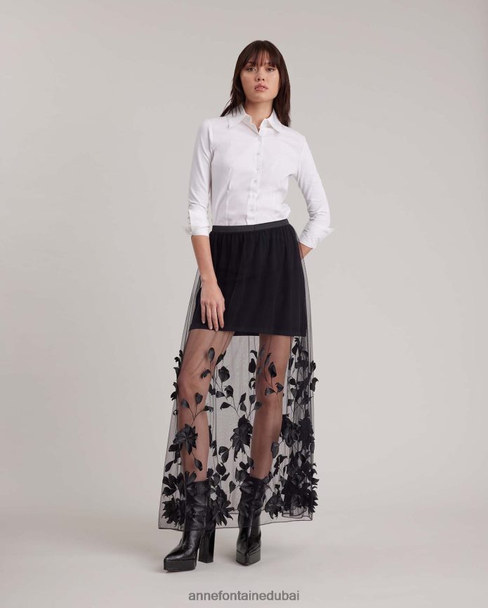 ملابس عبد اللطيف Anne Fontaine نحيف تنورة إنيد تنورة من التول مع زهور مطرزة أسود T622DL374