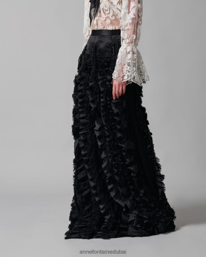 ملابس عبد اللطيف Anne Fontaine نحيف تنورة لانييل مصنوعة بحرفية من الساتان مع كشكشة متدفقة عموديًا أسود T622DL380
