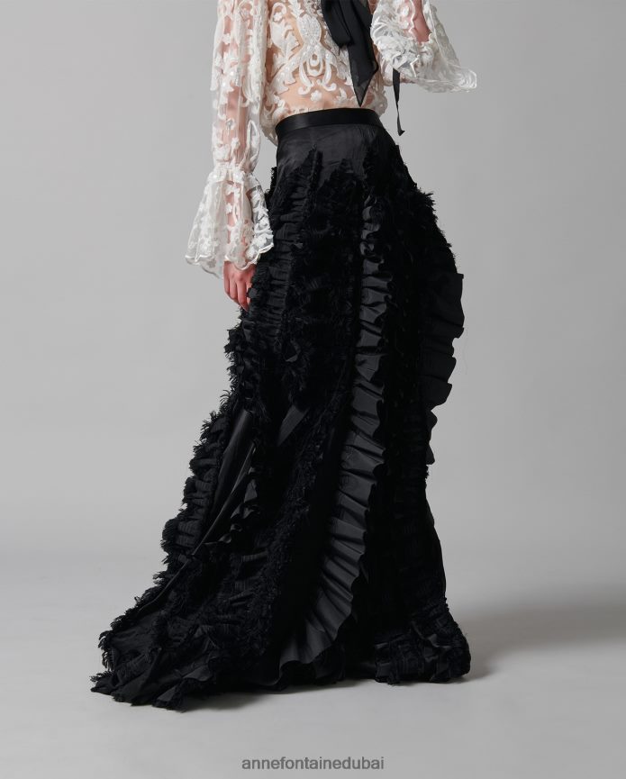 ملابس عبد اللطيف Anne Fontaine نحيف تنورة لانييل مصنوعة بحرفية من الساتان مع كشكشة متدفقة عموديًا أسود T622DL380