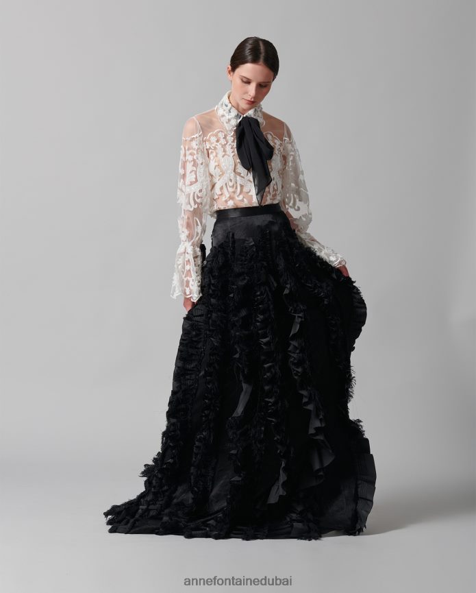 ملابس عبد اللطيف Anne Fontaine نحيف تنورة لانييل مصنوعة بحرفية من الساتان مع كشكشة متدفقة عموديًا أسود T622DL380