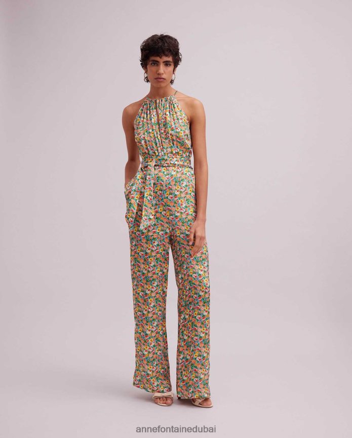 ملابس عبد اللطيف Anne Fontaine نحيف بذلة تروبيزيان بدون أكمام مع طباعة وردة صغيرة متعددة الألوان البرتقالي T622DL384