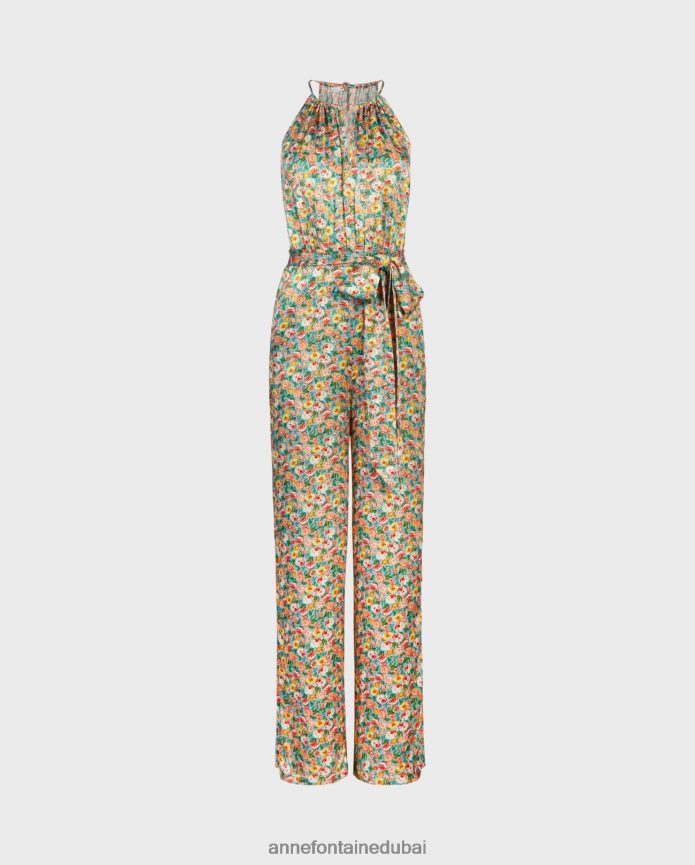 ملابس عبد اللطيف Anne Fontaine نحيف بذلة تروبيزيان بدون أكمام مع طباعة وردة صغيرة متعددة الألوان البرتقالي T622DL384