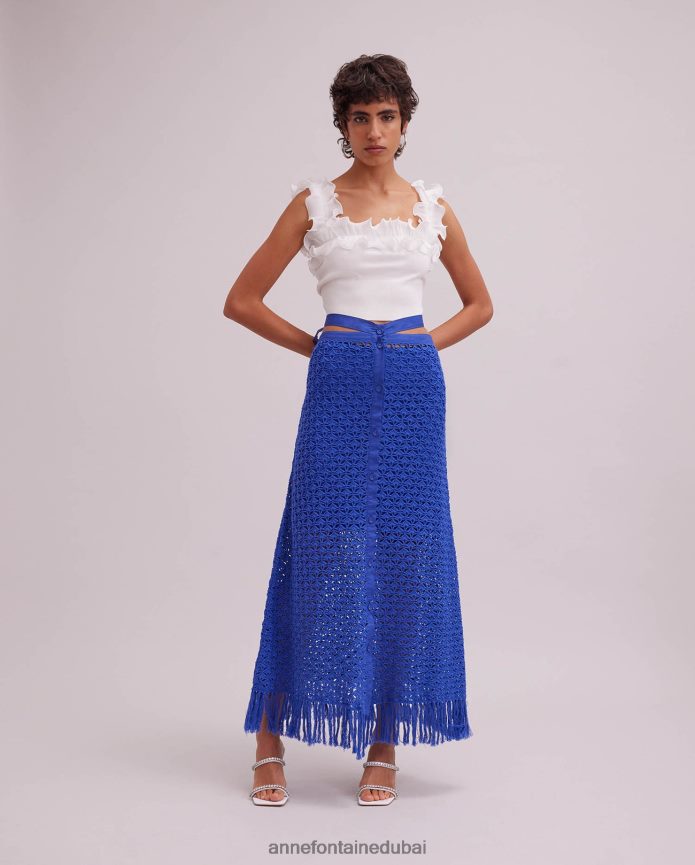 ملابس عبد اللطيف Anne Fontaine نحيف تنورة بروفنسال كروشيه تنورة ماكسي مع حزام الخصر أزرق T622DL389