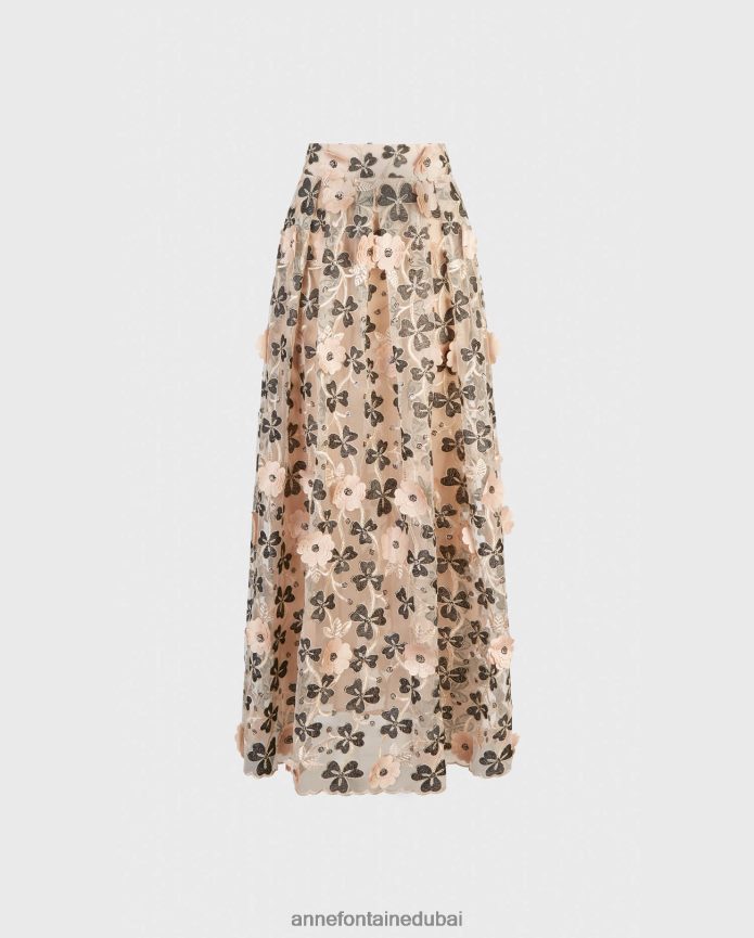 ملابس عبد اللطيف Anne Fontaine نحيف تنورة بيكينيدي بطول كامل بلون عاري مع تصميم زهور ثلاثية الأبعاد أسود T622DL392