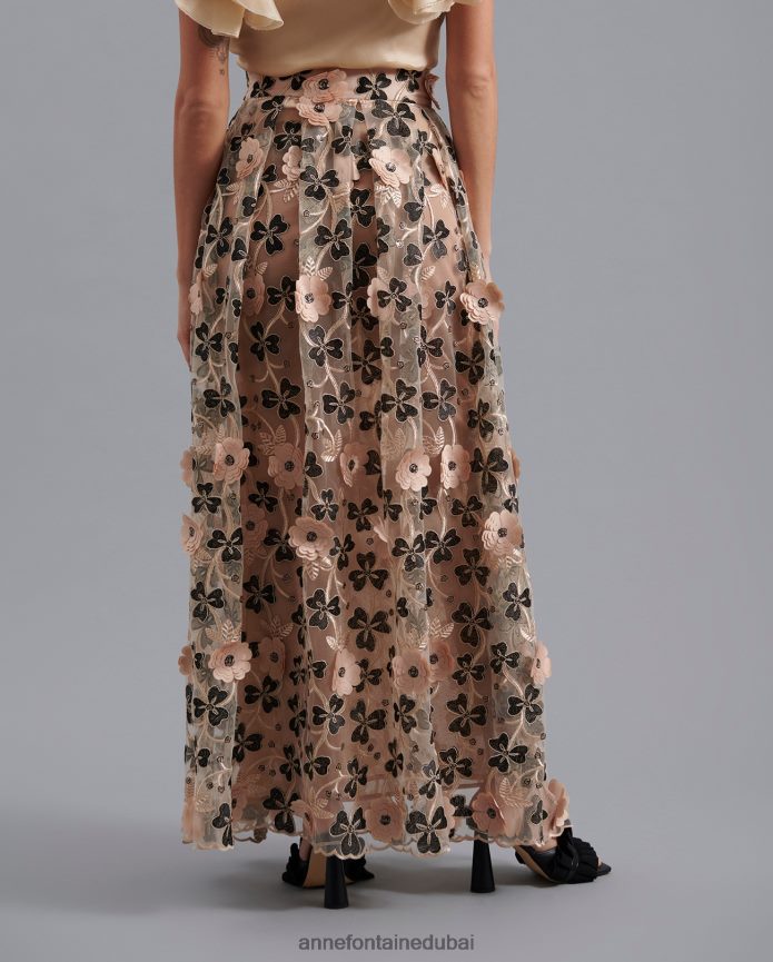 ملابس عبد اللطيف Anne Fontaine نحيف تنورة بيكينيدي بطول كامل بلون عاري مع تصميم زهور ثلاثية الأبعاد أسود T622DL392