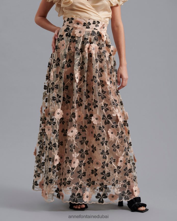 ملابس عبد اللطيف Anne Fontaine نحيف تنورة بيكينيدي بطول كامل بلون عاري مع تصميم زهور ثلاثية الأبعاد أسود T622DL392