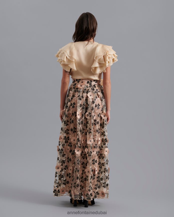 ملابس عبد اللطيف Anne Fontaine نحيف تنورة بيكينيدي بطول كامل بلون عاري مع تصميم زهور ثلاثية الأبعاد أسود T622DL392