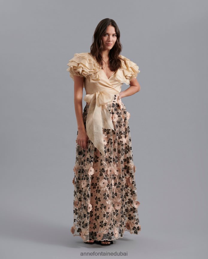 ملابس عبد اللطيف Anne Fontaine نحيف تنورة بيكينيدي بطول كامل بلون عاري مع تصميم زهور ثلاثية الأبعاد أسود T622DL392