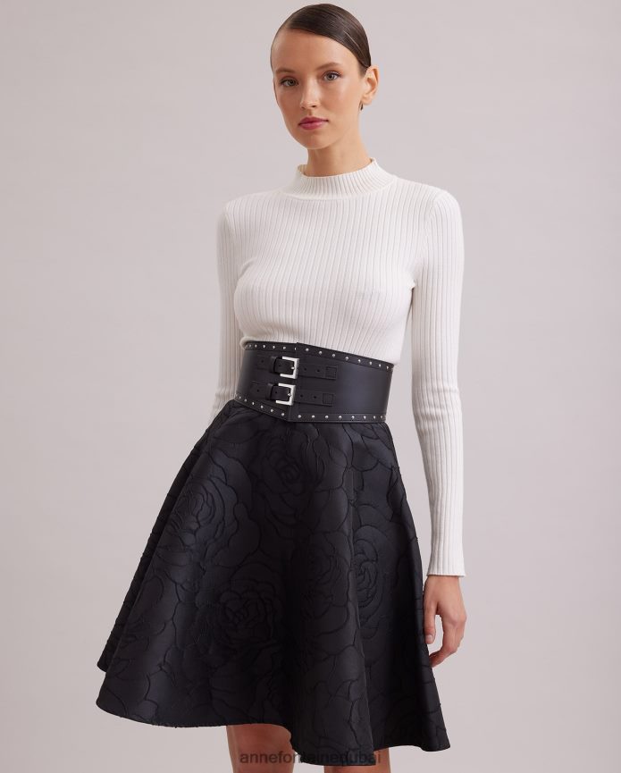 ملابس عبد اللطيف Anne Fontaine نحيف تنورة كوميدية تنورة جاكار دائرية مع نمط الورد المطرز أسود T622DL393