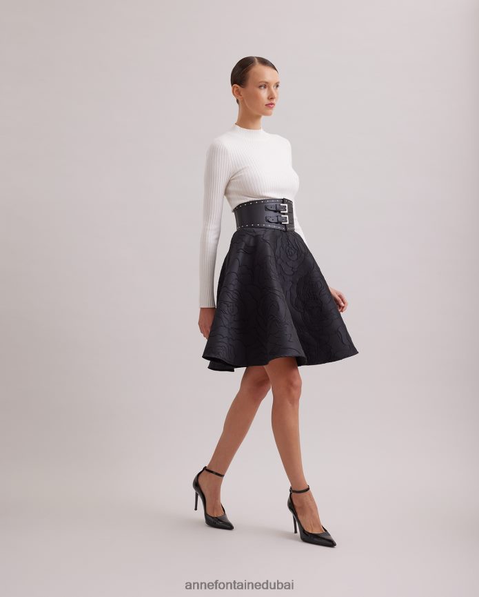 ملابس عبد اللطيف Anne Fontaine نحيف تنورة كوميدية تنورة جاكار دائرية مع نمط الورد المطرز أسود T622DL393